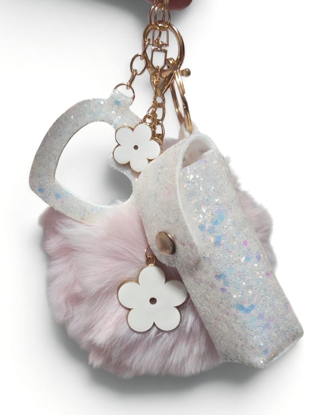Sparkle Pink Faux Fur Keychain Lip Holder Accesory with Floral Charms